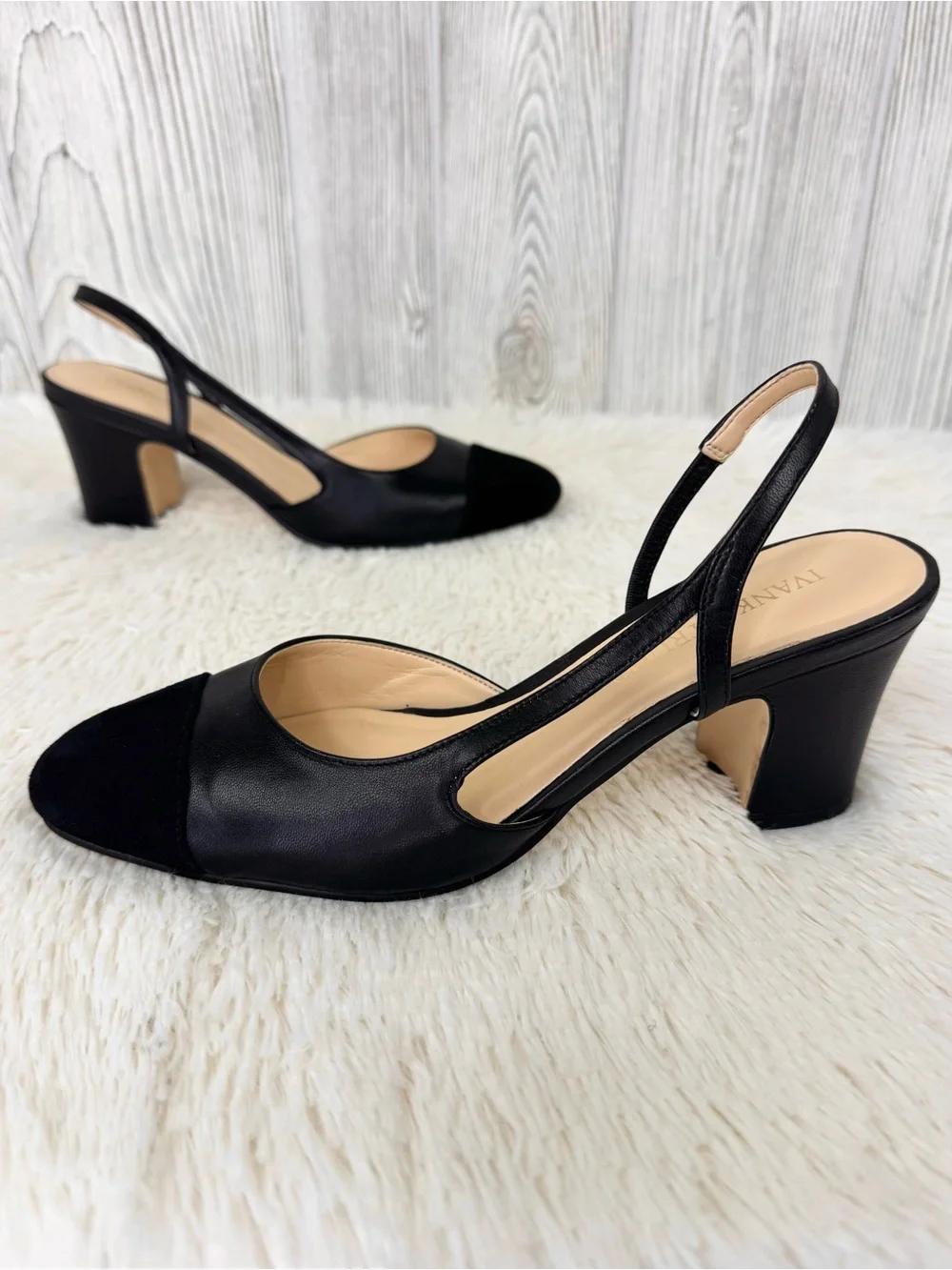 Ivanka Trump Liah Black Slingback Block Heel Pumps 6 Leather Suede Closed Toe